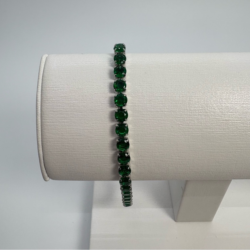 Emerald Green Crystal Tennis Bridal Pageant Party Bracelet In Silver Tone